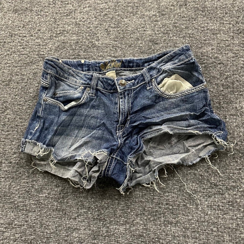 Red Rivet Denim Shorts Womens Size 7 Dark Wash Cut Off Fleur De Lis Embellished